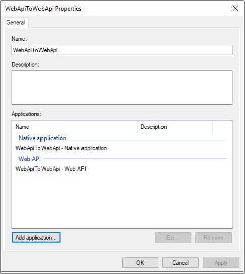 [WebApiToWebApi 屬性] 對話框的螢幕快照，其中顯示列出的 WebApiToWebApi - Web A P I 應用程式。
