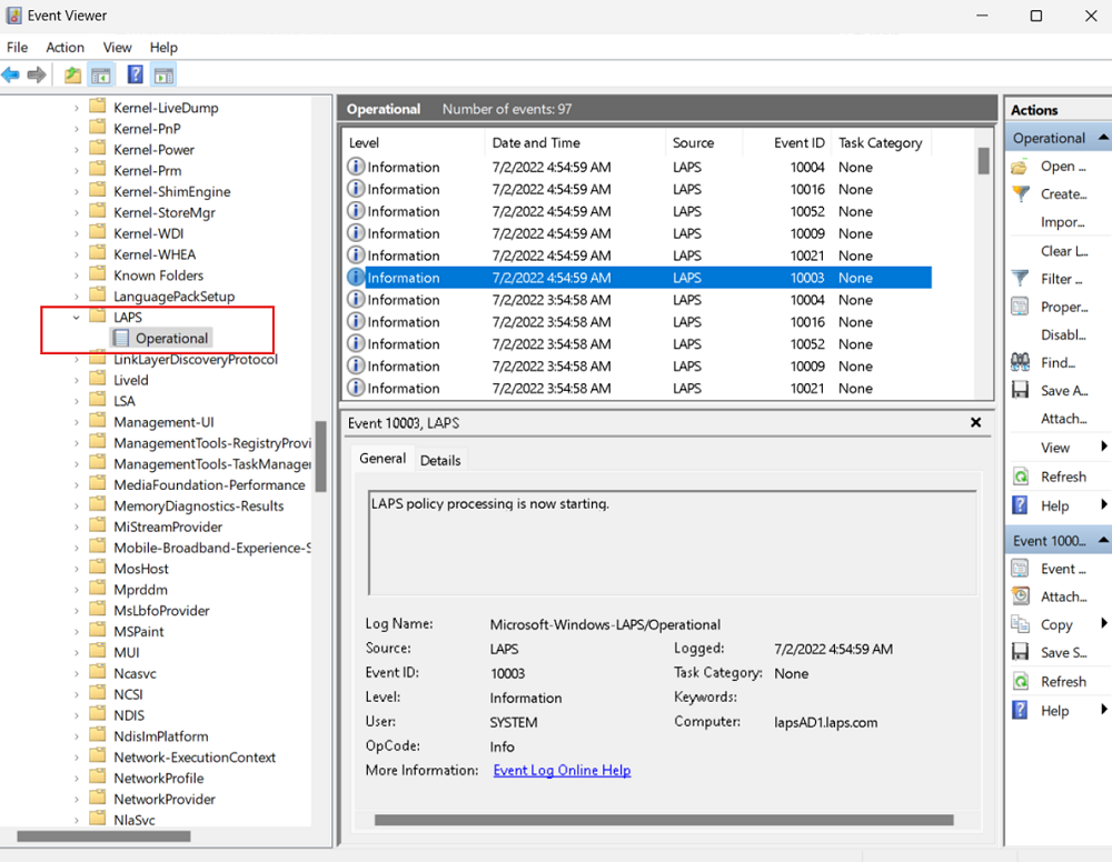 Screenshot of the event log and a Windows LAPS policy processing started event log message.