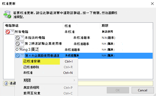 選取 [核准在 WSUS 管理控制台中安裝]。