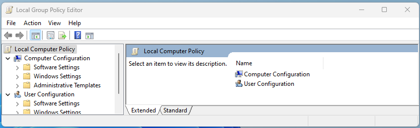 包含目錄項目清單的 Local Group Policy Editor 視窗的螢幕截圖