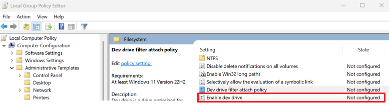 在本機群組原則編輯器中選擇 Enable Dev Drive in Local Group Policy Editor 的螢幕截圖