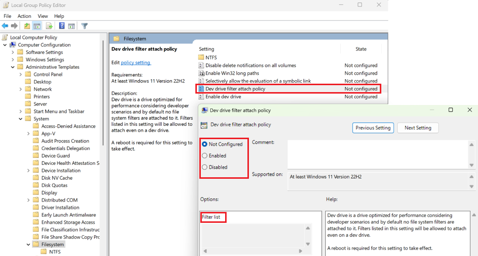 在 Local Group Policy Editor 中選擇 Dev Drive 篩選器附加原則和篩選器清單的螢幕截圖