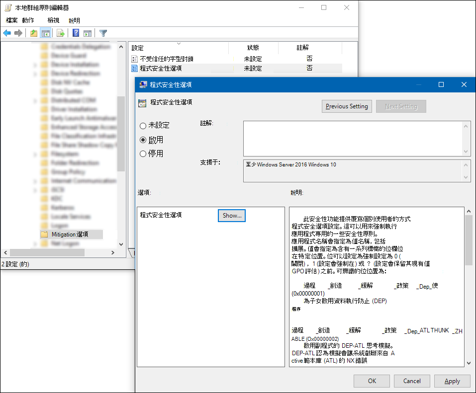 組策略編輯器的螢幕快照：已啟用設定且 [顯示] 按鈕為 [作用中] 的 [處理風險降低選項]。