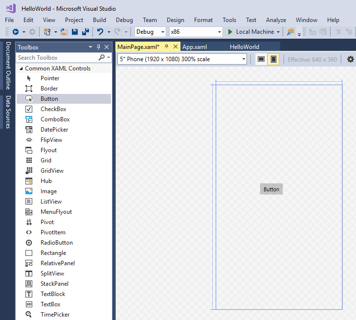 [工具箱] 窗格和主頁面 XAML 設計檢視的螢幕擷取畫面，其中顯示在[工具箱] 窗格和主頁面 XAML 設計檢視醒目提示的 [按鈕] 選項。