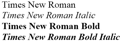 來自 Times New Roman 字型系列之斜體、粗體和粗體斜體文字的圖例