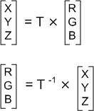 矩陣計算的螢幕擷取畫面，其中顯示 RGB 色彩值與 CIE XYZ tristimulus 值之間的轉換。