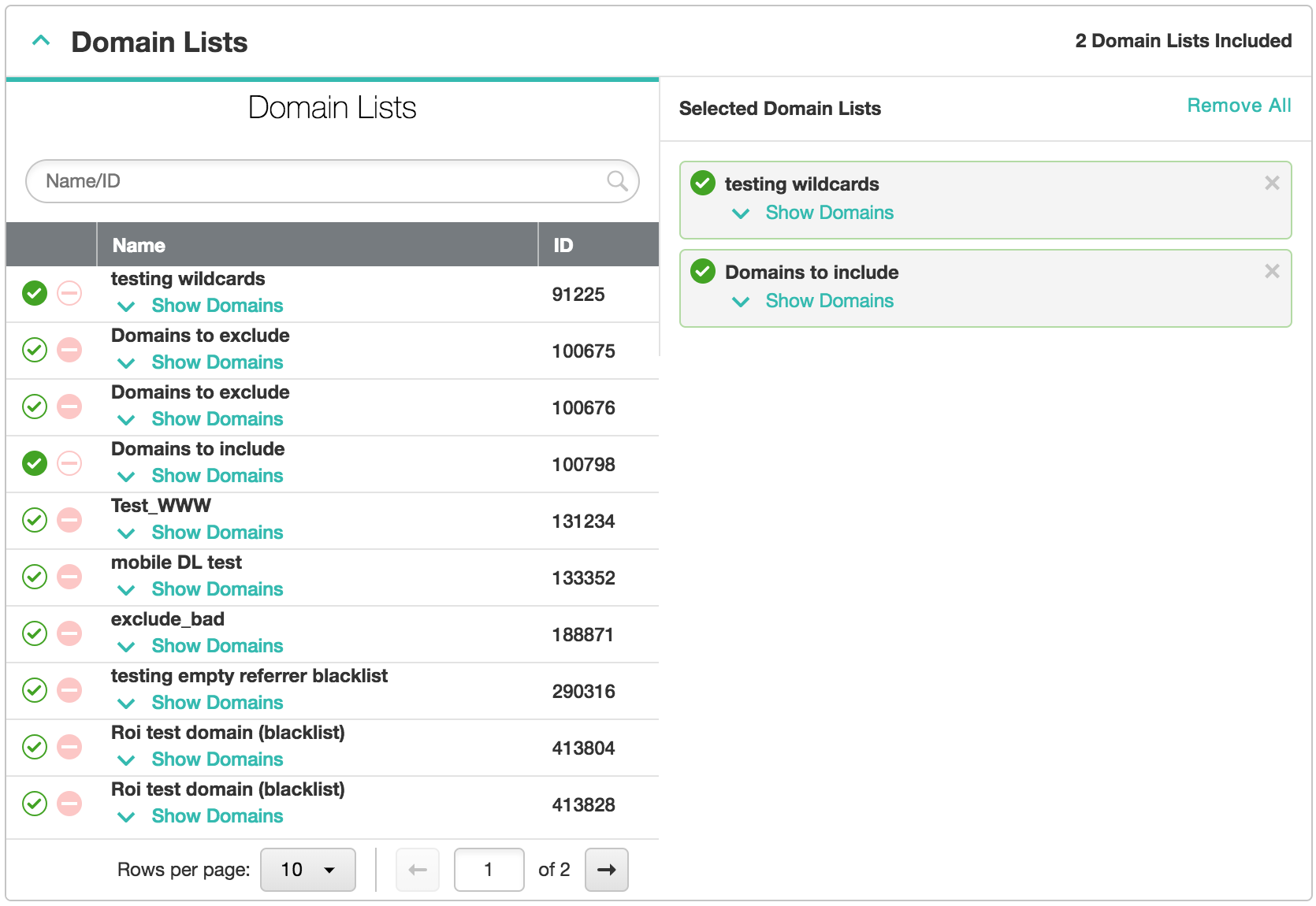 Screenshot that explains the list of domains.