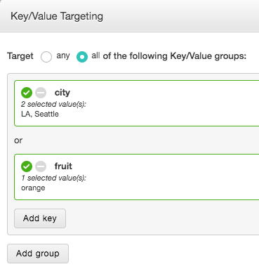 A screenshot of the key/value targeting dialog with the values of city and fruit from the right side group selected.