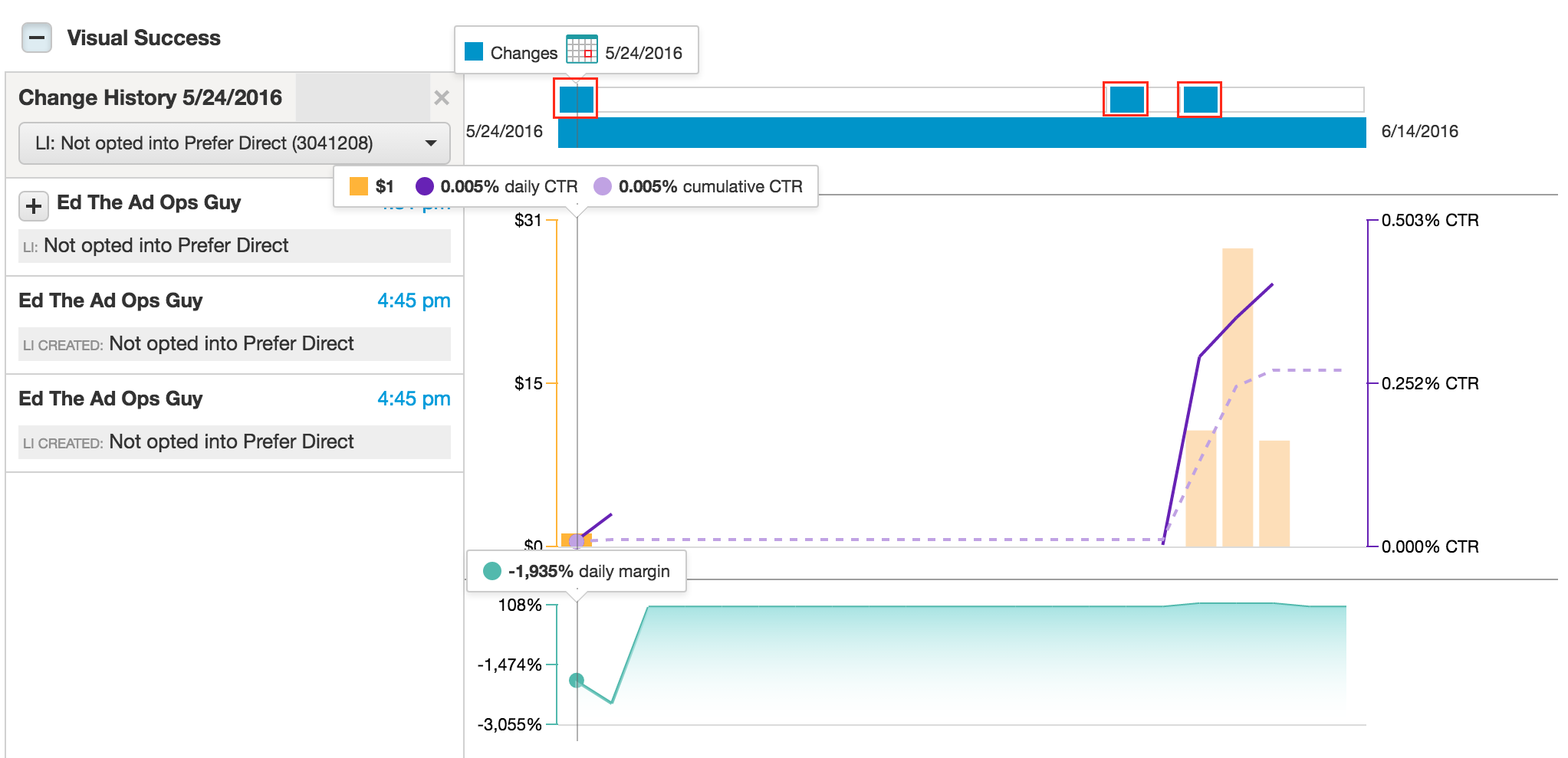 Screenshot of the Change History panel on the Visual Success screen for line items.