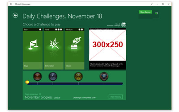 Screenshot of Daily Challenge Menu Screens in Microsoft Minesweeper.