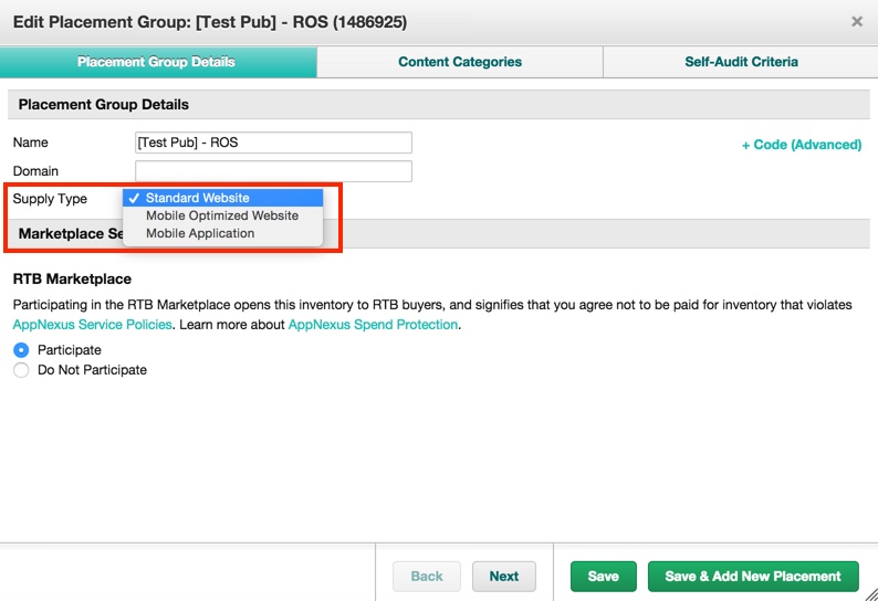 A screenshot that shows how to select the supply type for a placement group on the UI.